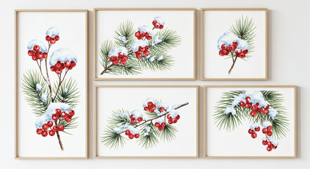 Watercolor Winter Pine and Red Berry Branch Wall Art Set – Snowy Christmas Botanical Illustrations © Ruwani