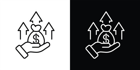 financial support and profit growth thin line icon. hand holding money bag with upward arrows, wealth increase symbol, economic boost, investment return, and funding success. vector illustration