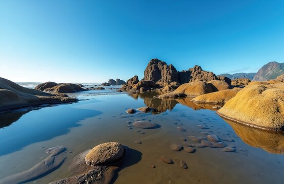 Tide pools fill with calm ocean water around rocky formations on a sandy beach. Clear blue sky above reflects in the still water. Coastal landscape shows large brown rocks and pebbles.
