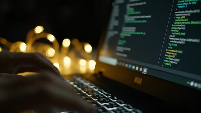 Programmer types code on laptop. Hand moves across keyboard while screen displays code. Developer edits software code. Computer glows with soft light. Close code and hand detail. focus detail.