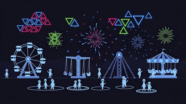 Glowing Amusement Park at Night with Festive Fireworks Display.