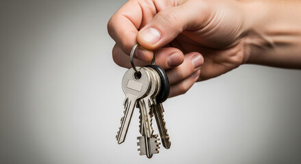Hand holding keys, faceless, sharp focus, authentic daily gesture, professional lighting