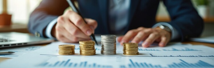 Man in suit reviews financial documents and stacks of coins on desk, analyzes investment and budget planning, manages money and assets, financial planning and savings.