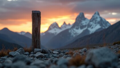 Wooden post stands on rocky ground against snowy peaks at sunset. Soft clouds drift in a colorful sky. Nature landscape with weathered wood and distant mountains.