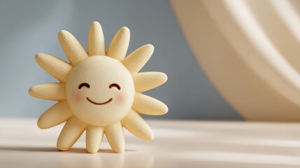 A friendly claymorphism 3D sun with a smiling face radiating warmth and positivity in gentle pastel tones, ideal for mental wellness and daily meditation article concepts promoting inner peace.