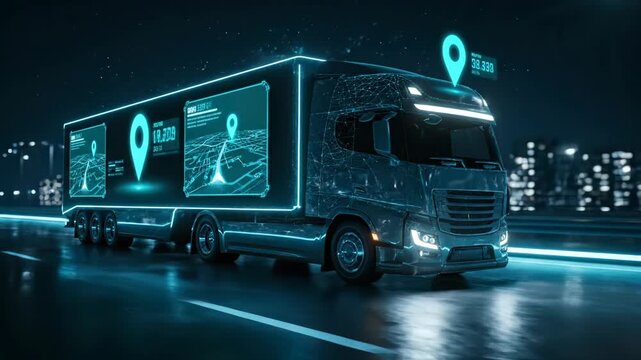 truck drive through city at night. gps navigation display presents route data. trailer and cab show digital map overlay. urban lights frame road and skyline. truck navigate route live. traffic flows.
