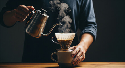 Hands pouring hot water into coffee dripper, faceless, sharp focus, lifestyle gesture, authentic brewing moment.