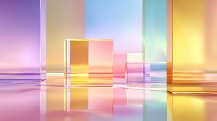 Elegant background featuring translucent layered glass panels in soft pastel gradients with abstract reflections, enhancing a luxury atmosphere for premium cosmetics and jewelry showcase concept.
