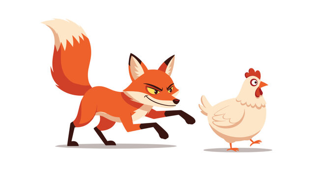  Sly red cartoon fox actively chasing a scared white chicken in a classic farmyard chase scene illustration.