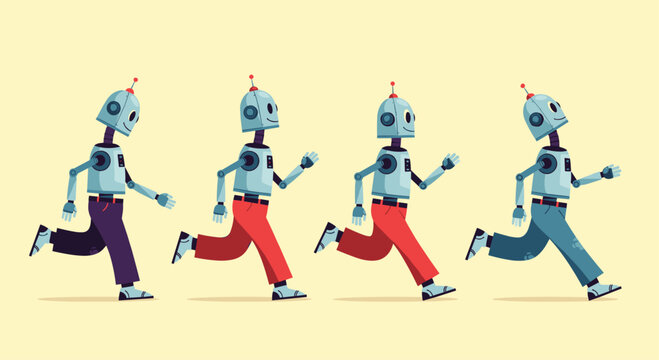  Blue robot character run cycle animation sprite sheet showing different frames for creating cartoon or game movement.