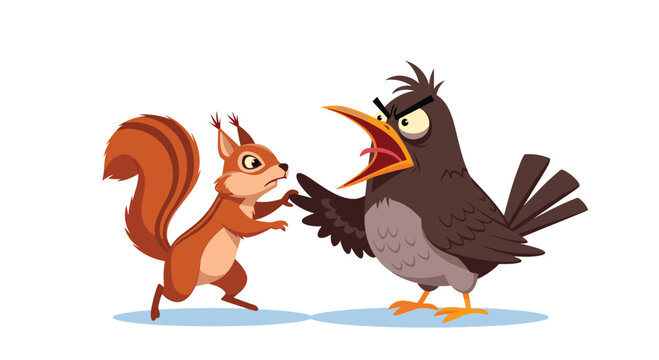  Angry cartoon crow arguing with a squirrel that is holding an acorn in a comical conflict between two forest animals.