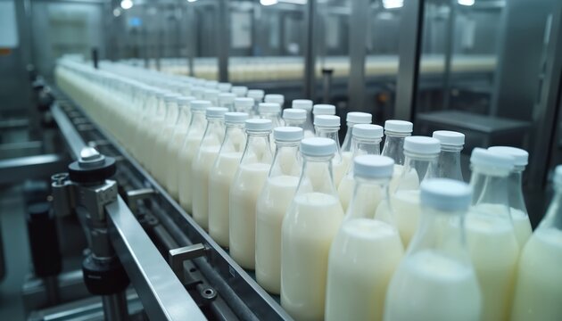 Glass bottles filled with milk move along conveyor. Dairy production with bottling lines. Automated machinery in operation at factory. Food industry with liquid processing. Drink on transportation