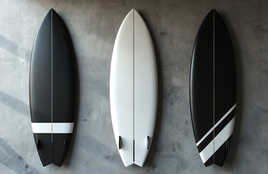 Three surfboards lean against rough grey wall. Boards black, white. Surfboards stand vertically. Minimalist design for surfing equipment. Patterned surfboards for modern decor. Stylish boards for