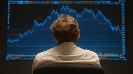 Man sitting in chair watching large screen with blue financial stock charts and data in dark room focused on market trends and analysis trading
