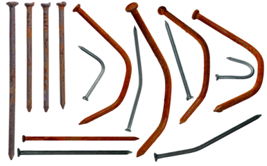 Isolated collection of new and rusty bent carpenter's nails on white background	
