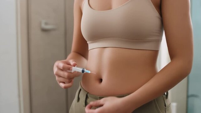 Woman self-injecting medication into abdomen, with syringe close-up, health and medical routine at home