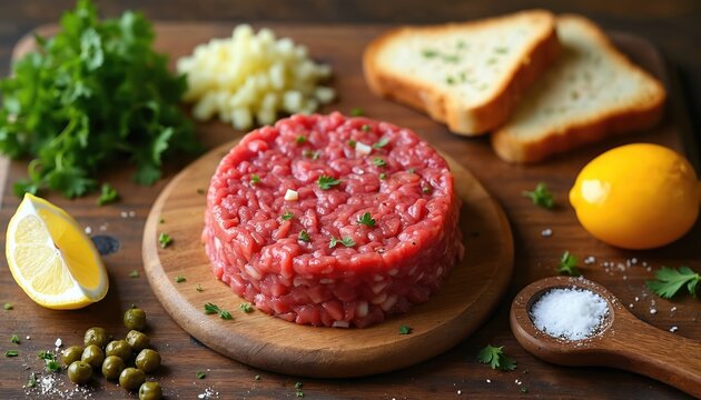 Tartare dish close up. Raw beef fillet served with toast, capers, lemon, chopped onion and parsley on wood plate. This delicious appetizer is served in eatery or restaurant.