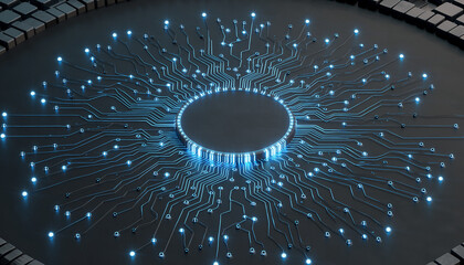 Futuristic AI processor with a glowing circular circuit board
