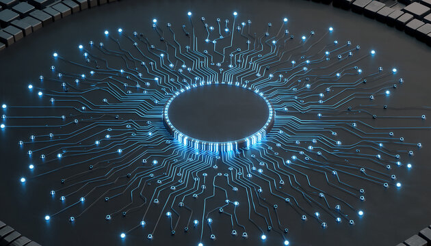 Futuristic AI processor with a glowing circular circuit board
