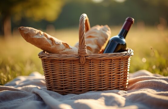 Wicker basket with and wine bottle rests on blanket outdoors. Gentle sunlight illuminates picnic spread in grassy meadow. Peaceful outdoor meal setting for two.