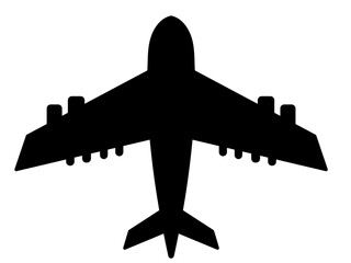 Bold black airplane silhouette on transparent background. Clean minimal aviation symbol. Simple graphic aircraft shape.