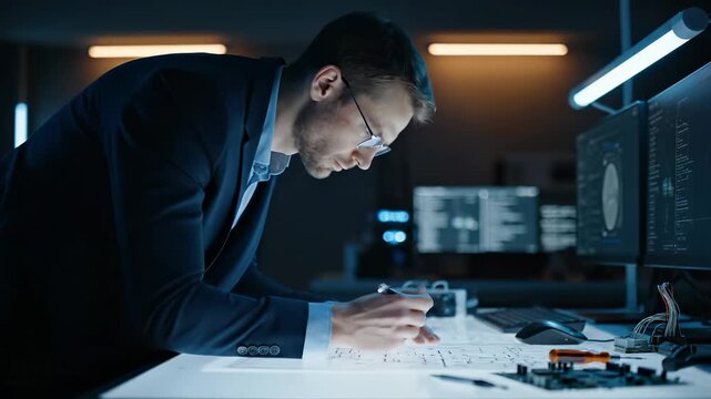 Engineer inspects circuit prototype. Man studies pcb layout. Electronic design and electrical testing in laboratory. Workstation displays schematic and component. Focused engineer refines technology.