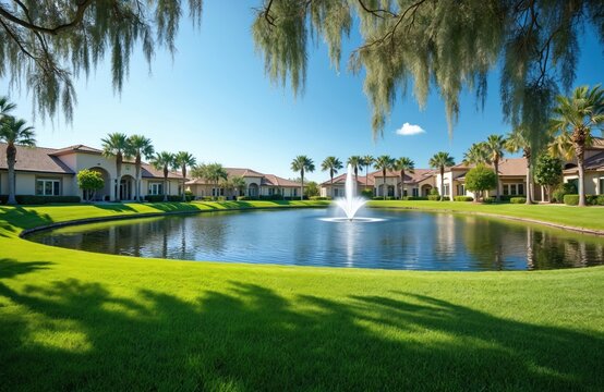 Idyllic view of lakeside houses with palm trees under blue sky. Fountain is on water. Green grass lawn in foreground. Florida real estate concept. Luxury lifestyle. - Powered by Adobe