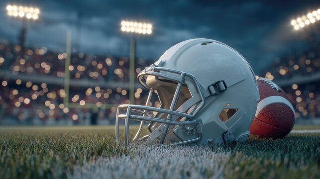 American Football Helmet and Ball Resting on the Grassy Field Line Under Stadium Lights and Dramatic Night Sky, Capturing Intensity, Competition, Spectacle of Professional Sports, Championship Games