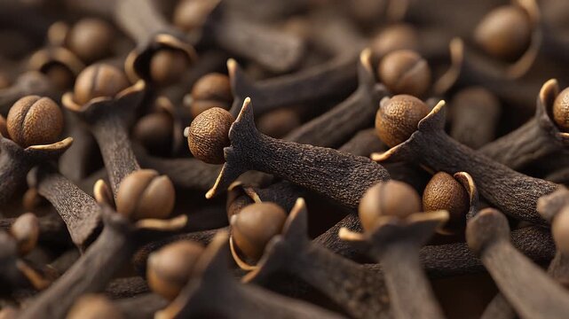 Macro of dried cloves, brown aromatic spice buds with rough textures and rich details.