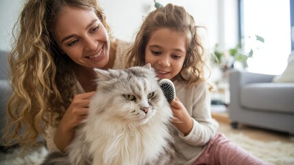 A happy family is joyfully brushing and grooming their fluffy cat together in a bright, modern living room, emphasizing a loving bonding moment and shared family responsibility for home pet care.