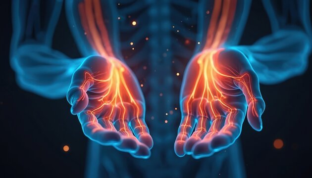 Glowing nerves, veins in human hands suggest neuropathy diabetic nerve damage. Burning tingling sensations indicated by bright red inflammation in fingers, palms, showing physical pain. Image - Powered by Adobe