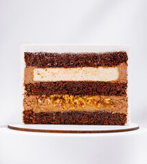 A decadent layered chocolate cake shows off its rich fillings