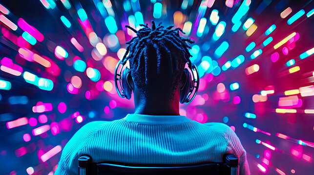 Rear view of person with dreadlocks wearing headphones, deeply immersed in vibrant, futuristic neon light spectacle with abstract streaking bokeh