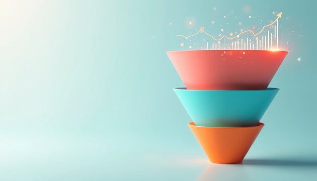 Abstract image lead funnel, vibrant colors. Marketing and sales concept. Digital funnel diagram for business growth. Lead generation, conversion, data analytics and finance