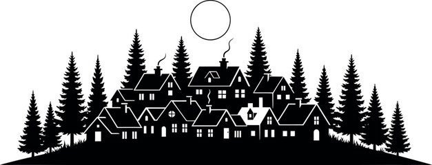 Obraz premium Cozy winter village silhouette on a hill with pine trees and moon