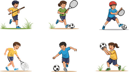 Children playing sports, soccer, tennis, baseball, active kids, healthy lifestyle, outdoor activity, fun sports, and fitness illustration.