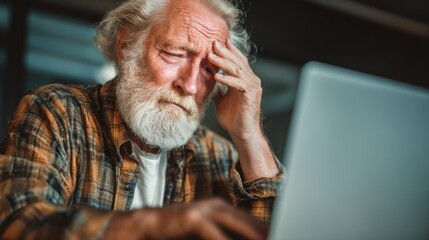 Senior man frustrated laptop