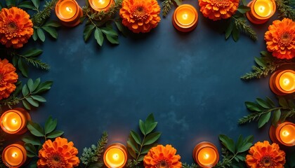 Dark backdrop with bright marigold flowers arranged with candles. Festive warm composition shows decoration, calmness. Floral aroma around centerpiece. Symbol of Autumn holidays celebration day,