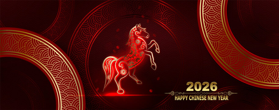 Happy Chinese New Year 2026. Red card with the zodiac sign of the Fire Horse.
