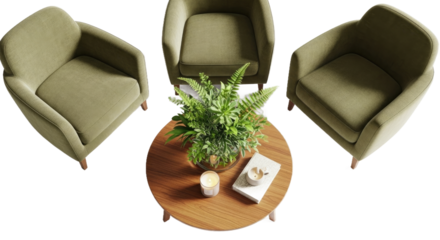 Cozy Meeting Spot Green Armchairs Around a Coffee Table with Plants