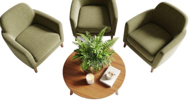 Cozy Meeting Spot Green Armchairs Around a Coffee Table with Plants