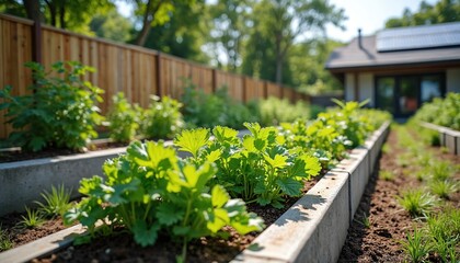 Community rain garden designed for stormwater capture, urban runoff management. Green plants grow in raised beds. Sustainable landscape features permeable ground near eco house with solar panels on