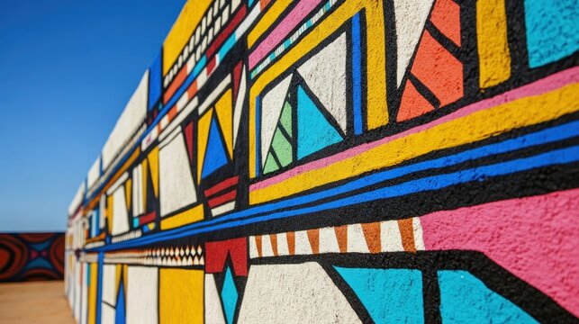 Traditional African Ndebele house pattern, geometric and vibrant, painted on a surreal, floating wall segment, sharp focus, bright daylight