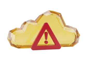 Warning sign on a golden cloud PNG isolated on transparent background, cloud computing security alert for data protection