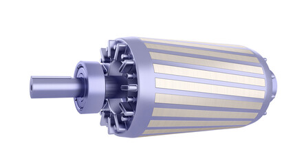 Industrial Induction Electric Motor Rotor AC - Squirrel Cage Rotor - Side view with visible front. 3D rendering isolated on white background. Ideal for professionals, educational, engineering design