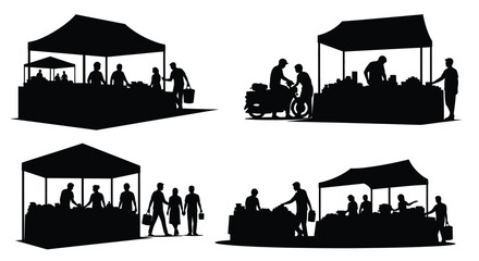 Black silhouette illustration of market stalls with people shopping outdoors