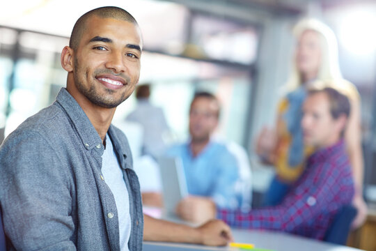 Creative, man and smile with portrait in office for career pride, about us and designer team. Male person, meeting and ambition for interior design, renovation planning and collaboration for project