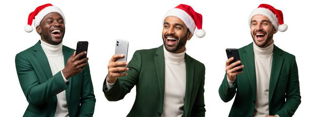Diverse of business men holding smartphone and wearing santa claus hat isolated on white