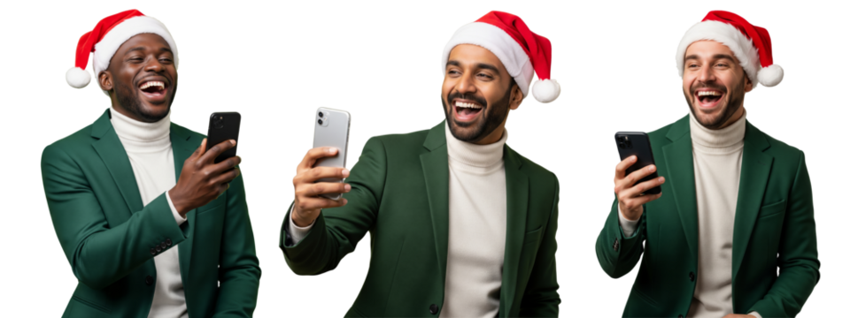 Diverse o‌f bu‌siness men holding smartphone and wearing santa claus hat i‌solated on white
