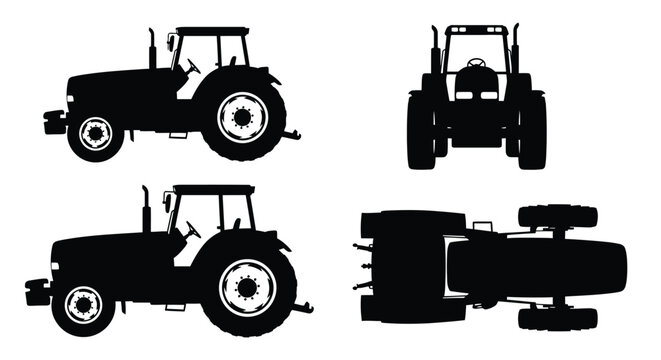 Four black silhouettes of farming tractors in various viewpoints displayed